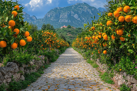 A photograph of an orange orchard with lilies blooming on both sides, a stone path in the center leading to two rows of oranges hanging from the trees, and a mountain view in the background. The scene is bathed in sunlight, creating a warm atmosphere. This photograph captures the beauty of nature's symphony between flowers and fruits. --chaos 30 --ar 3:2 --quality 2 --stylize 250 --v 6.1 Job ID: 21723050-c480-41a2-8239-62adbc249f76の素材
