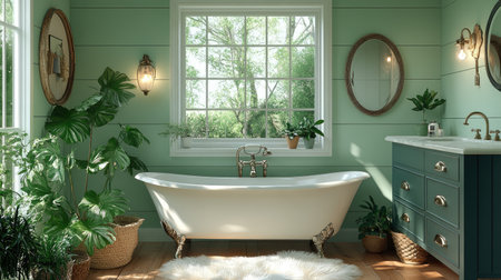 3d rendering of small bathroom with freestanding tub, vintage vanity and cabinet in light blue wood color. sea side theme decor, vintage lighting fixtures, pastel green wall paint, white wainscoting. The room has natural sunlight coming through the window. There is an oval mirror hanging above navy wooden frame sink. A potted plant sits on one corner of floor. Small plants add life to space. It feels clean and airy. In front there's a fluffy rug that match overall theme. --chaos 30 --ar 16:9 --stylize 750 --v 6.1 Job ID: c723bdb0-c268-4127-ad69-90cde57c5c99の素材