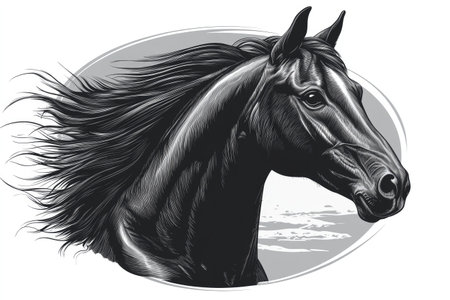 Horse with a long mane in profile, vector graphics on a white background in a vintage style for a metal sign or t-shirt print design in black and gray tones. Detailed illustration of a horse's head with flowing hair. The circular design is decorated with elements that resemble the shape of an oval or a goatee. High-resolution, sharp focus, detailed monochrome vector art. Vector illustration of a horse in profile with a flowing mane, on an isolated white background. --chaos 30 --ar 3:2 --stylize 150 --v 6.1 Job ID: cc7b3ef2-1ebe-41a7-90be-ddd6e5c2ceb7の素材
