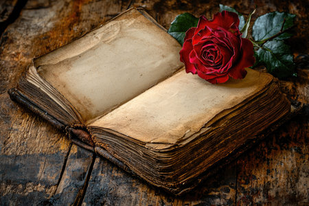 A vintage open book with blank pages and an old rose, symbolizing love and romance for Valentine's Day or Mother's Day --chaos 30 --ar 3:2 --quality 2 --stylize 250 --v 6.1 Job ID: 483f2ef7-0282-4eec-a947-36b92586eec2の素材