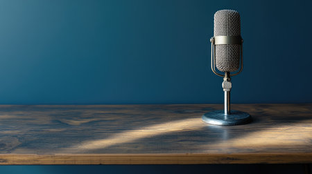 Image of a vintage microphone positioned on an empty table, with a blue background. Web banner featuring an open area for content on the right. --chaos 30 --ar 16:9 --v 6.1 Job ID: 931959f4-783d-49bc-b210-79e2fbd443d0の素材