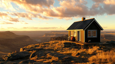 Illustrate a unique camping setup with a small cabin and all the camping gear, beside a vast desert landscape at the golden hour --chaos 30 --ar 16:9 --v 6.1 Job ID: 5a20ebd8-7cc2-4f21-a675-47f6d1ed64ecの素材