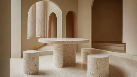 Design an interior space with minimalist furniture, featuring terrazzo textures in shades of grey and pink. The table is made from concrete and has rounded corners for comfort. It's placed next to two short benches that also have circular edges at the bottom. A window adds natural light, and walls feature arched doorways, creating a modern yet cozy atmosphere. --chaos 30 --ar 16:9 --v 6.1 Job ID: a6d56c41-ecab-41d0-87ac-3e19f8386c8bの素材