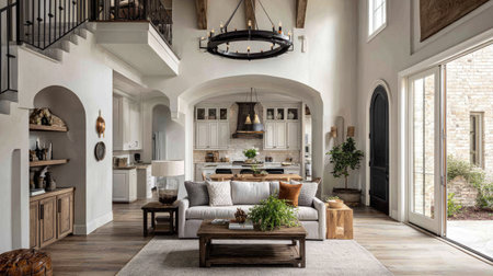 Open-plan great room features a stylish kitchen, comfortable sofa, and natural elements.  The design of the room is modern farmhouse, with ample natural light filtering through the large windows and doors.  The furniture arrangement is relaxed and inviting.の素材