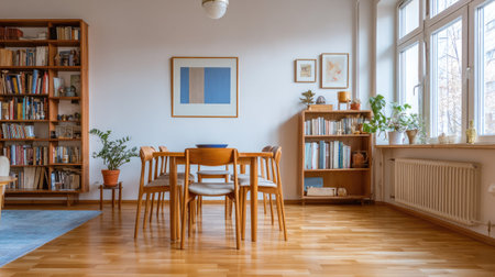 Bright, spacious dining area with a large wooden table and chairs, complemented by a tall bookcase.  A light-filled room featuring natural materials and a minimalist aesthetic.の素材