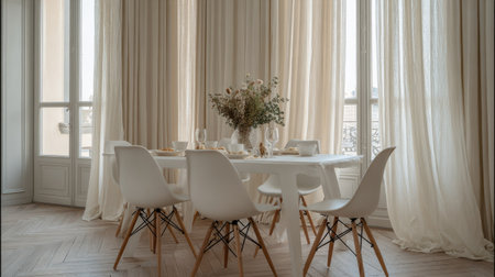 Minimalist dining area with large beige linen curtains, a white table, and simple white chairs, bathed in natural light.の素材