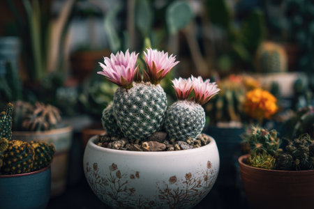 Small cactus with delicate pink blossoms sits in a charming, decorative pot.  The cactus is surrounded by other plants and potted greenery, creating a lovely indoor or outdoor garden scene.の素材