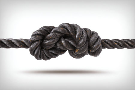 Detailed illustration of a black rope with a strong knot tied in it. The knot is intricate and visually appealing. The rope is presented against a plain white background.の素材