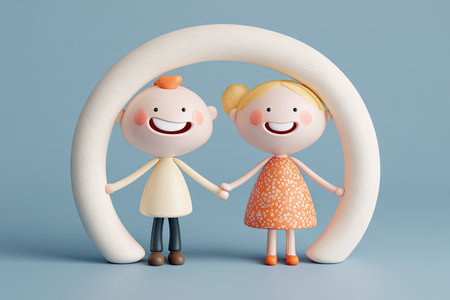 Boy and a girl cartoon character, standing together, holding hands and positioned inside a large arch shape. They are smiling and wearing simple clothing. The colors are light and pastel, with the girl wearing an orange dress and the boy wearing a beige shirt. The style is cute and playful, perfect for children's content.の素材