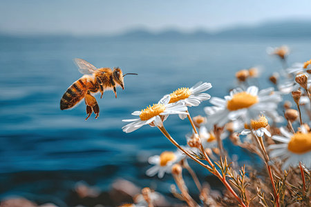 Honeybee in flight near a cluster of wildflowers, with a blurred background of water and sky.の素材