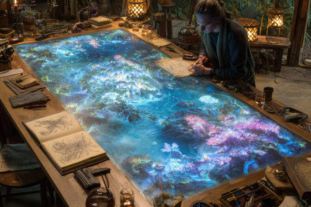 Large, wooden table with an interactive, glowing map displayed on its surface.  Various journals, notebooks, and sketches are also present on the table, and a person is working with a writing tool at the map.の素材