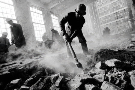 Black and white image of multiple workers using demolition tools to dismantle a building.  There is a significant amount of dust and debris present at the demolition site.の素材