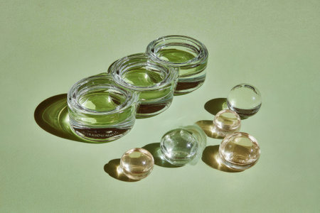 Collection of clear glass containers, each holding a liquid substance, and small, spherical glass objects in pale amber and translucent colors, displayed on a muted, pastel green surface. The arrangement features soft shadows and highlights, suggesting a  setting.の素材