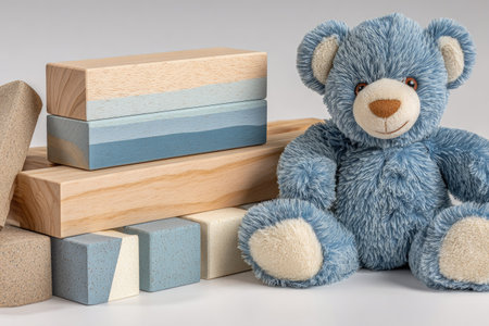 Collection of wooden building blocks in various shades of blue and beige, stacked together, with a light-blue teddy bear positioned beside them on a plain background. The blocks have layered painted color designs, showing a gentle color gradient effect.の素材