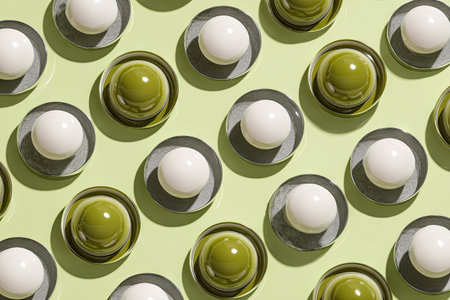 Visually appealing arrangement of round, light-green and off-white spheres, set within recessed circular containers. The spheres are positioned in a regular pattern on a pale, light-green backdrop. The image evokes a sense of order and harmony through its clean lines and repeating forms. The recessed containers add depth to the overall design.の素材