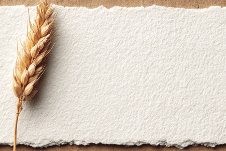 Close-up view of a dried wheat ear positioned on a piece of handmade white paper. The paper has a textured surface, and the edges of the paper are unevenly torn.の素材