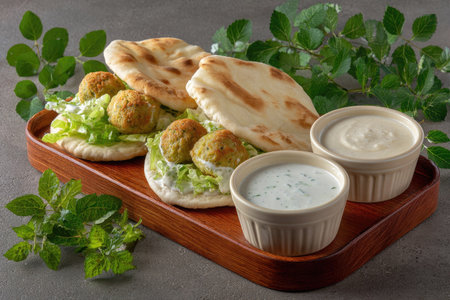 Two falafel pita sandwiches are on a wooden tray, topped with fresh vegetables and served with two different sauces.  The pita bread is light brown, the falafel are light greenish-brown, the vegetables are fresh green, and the sauces are light creamy white and light beige. The wooden tray is a light brown color, and there are green herbs and leaves on the tray.の素材