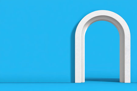 3D rendering of a white archway set against a vibrant blue background. The archway has a textured surface and the light and shadow are used to enhance the shape.  The overall style is minimalist and modern.の素材