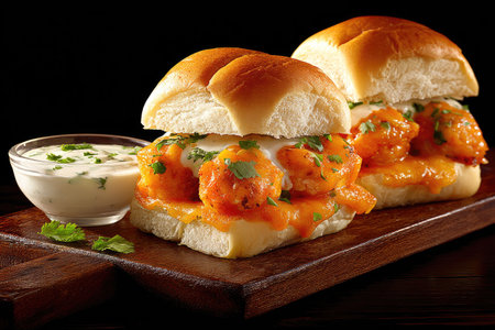 Two buffalo shrimp sliders are displayed on a wooden cutting board. Each slider features a toasted bun topped with cooked shrimp, melted cheese, buffalo sauce, and garnished with fresh cilantro. A small bowl of creamy ranch dressing sits beside the sliders.の素材