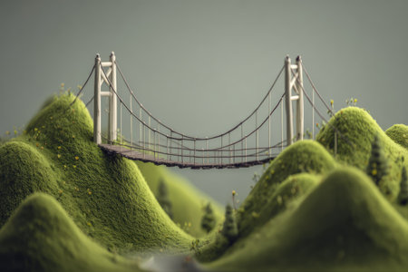 Miniature suspension bridge spanning a miniature landscape of green hills. Small trees and yellow flowers add details to the scene. The image shows a high level of detail and a peaceful atmosphere.の素材