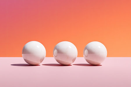 Three glossy white spheres are arranged in a horizontal line on a surface with a pink and orange gradient background.  The spheres are positioned evenly apart.  The lighting casts subtle shadows on the surface below the spheres.の素材