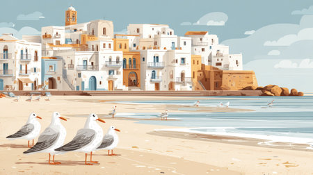 Picturesque scene of a Mediterranean coastal town.  Whitewashed buildings line a sandy beach, where several seagulls stand on the shore. The water gently laps at the shore, and the sky is a light blue with soft clouds. The overall style of the image is a flat, stylized illustration with pastel colors.の素材