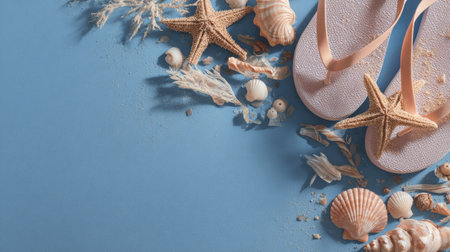 Collection of various seashells, starfish, and flip-flops arranged on a pale blue surface.  The image evokes a sense of summer vacation and beach relaxation.の素材