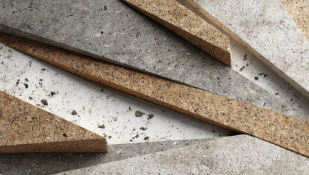 Close-up view of a layered design comprised of rectangular concrete blocks in various shades of gray, brown, and white. The blocks are arranged in an overlapping, geometric pattern, creating a three-dimensional effect. The texture of the concrete is prominent, showing small aggregates throughout.の素材