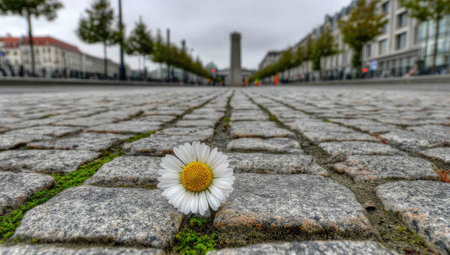 Single white daisy with a yellow center sits on a gray cobblestone street. Moss and other greenery is visible among the stones.  The image focuses on the flower and the textures of the paving stones.の素材