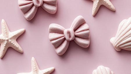 Flat lay arrangement of pastel pink bows, white starfish, and seashells against a soft pastel pink background. The objects are arranged in a visually appealing manner, creating a decorative aesthetic.  The image is a close-up, top-down view.の素材