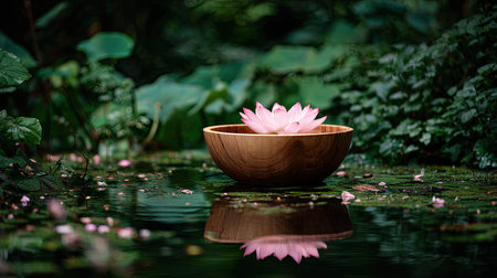Single, delicate pink lotus or water lily flower is presented inside a smooth, brown wooden bowl. The bowl sits upon the dark, reflective surface of still water, which is scattered with small petals and surrounded by a heavily blurred, dense backdrop of dark green foliage, suggesting a humid, natural environment perfect for concepts of peace and relaxation.の素材