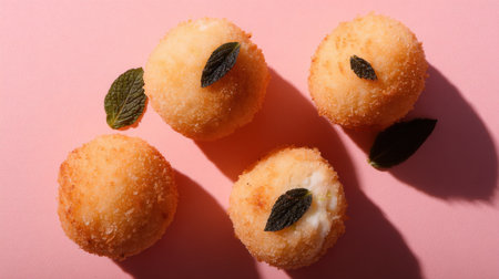 Overhead, slightly angled view of four round, breaded and deep-fried food items, possibly cheese croquettes or fritters, arranged sparsely on a smooth, bright pink surface. Each item is subtly garnished with small, dark green fresh mint leaves, and dramatic shadows are cast across the surface, emphasizing the texture of the fried coating.の素材