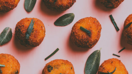 Overhead, , repeating pattern featuring several small, round, deep-fried food items with a crispy, golden-brown exterior, sparsely interspersed with whole sage leaves and small chopped green herbs against a solid, pale pinkish-mauve backdrop.の素材