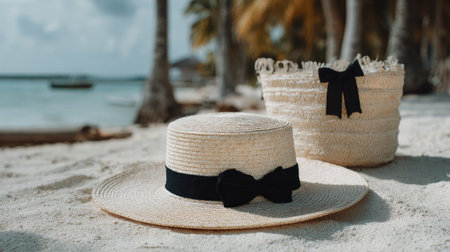 View of a wide-brimmed straw hat with a black ribbon bow and a matching woven bag resting on fine white sand. The background features a blurred tropical scene with clear turquoise water, distant boats, and palm tree trunks under bright daylight, suggesting a relaxing vacation setting.の素材