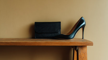 Still life composition featuring a sleek, black, pointed-toe high-heeled shoe standing upright next to a matching black leather wallet or clutch. Both items are displayed on the edge of a rustic wooden table or shelf, set against a plain, muted yellowish-brown or taupe colored wall.の素材
