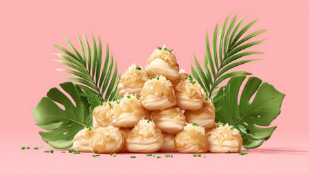 Visually appealing pile of small, round, light-colored food items, possibly choux pastry or dumplings, drizzled with a light brown sauce and sprinkled with white and green toppings, framed by large, vibrant green tropical leaves on a solid pale pink surface, creating a stylized, modern food presentation.の素材