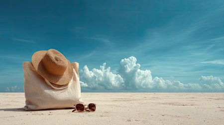 Still life composition featuring essential beach accessoriesの素材
