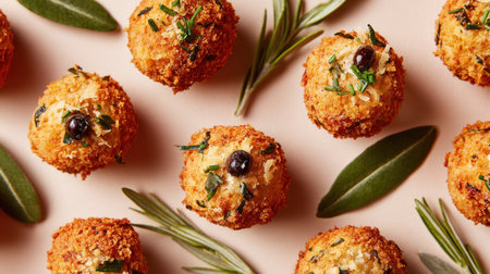 Overhead,  view showcases several golden brown, spherical fried appetizers, possibly arancini or cheese balls, scattered across a pale pink or beige background. Each fried item is topped with finely chopped green herbs, perhaps chives, a small black olive piece, and some grated white element. Dark green leaves, resembling rosemary sprigs and smooth olive leaves, are placed decoratively between the food items, enhancing the presentation.の素材