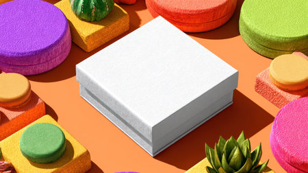 Clean, white, rectangular presentation box is centered on a bright orange background, surrounded by various brightly colored, textured, circular and block-shaped elements, creating a high-contrast, contemporary arrangement with strong directional shadows.の素材