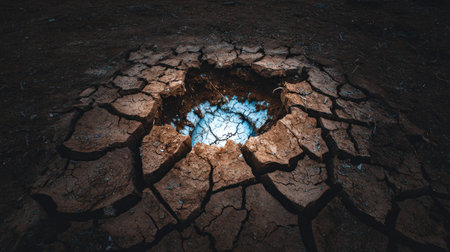 Overhead view captures a dramatic scene of extremely dry, cracked mud or soil, forming deep fissures that radiate outwards from a central depression. This central area holds a small, isolated puddle of water or perhaps just reflects a bright blue sky overhead, contrasting sharply with the surrounding dark, parched ground. The lighting emphasizes the rugged texture and severity of the lack of moisture.の素材