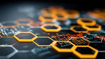 , shallow depth of field view of a futuristic, dark technological surface overlaid with illuminated hexagonal panels glowing with orange light. Within the hexagons and across the surface, faint lines of digital code and complex data streams are visible, suggesting advanced computing, network operations, or data analysis in a high-tech environment.の素材