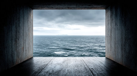 View looking outward from a dark, rough-textured, seemingly concrete or heavily weathered wooden enclosure, revealing a wide expanse of deep blue, choppy ocean stretching to the horizon beneath a heavily clouded, grey sky, with a faint silhouette of land visible in the distance.の素材