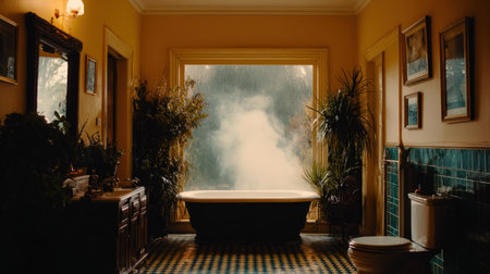Interior view of a classic or period style bathroom bathed in warm, dim light. A dark, clawfoot style bathtub sits centrally before a large window from which thick white steam or mist obscures the outside view. The room features yellow painted walls, wainscoting covered in glossy teal or blue subway tiles, and a patterned floor of blue and beige/yellow checkerboard tiles. Lush potted plants flank the tub, creating a dense, somewhat overgrown atmosphere around the bathing area. A dark wood vanity with a mirror is visible on the left, and a toilet is situated on the right wall beneath framed pictures.の素材