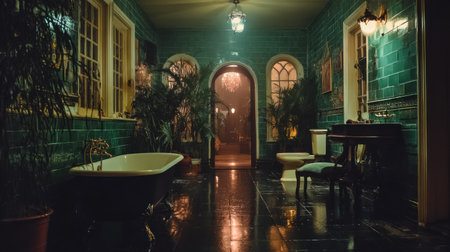 Atmospheric, low-key photograph depicting an old-fashioned, luxurious bathroom space characterized by glossy, dark green wall tiles. The room contains a clawfoot bathtub with visible brass hardware on the left, a traditional toilet and a dark wooden vanity table with a small upholstered chair on the right. Several large potted tropical plants are positioned near the windows and archways, adding a lush, somewhat overgrown feel to the dimly lit interior, with reflections visible on the dark, possibly wet floor. A brightly lit archway in the center leads into another space, creating a sense of depth and mystery.の素材