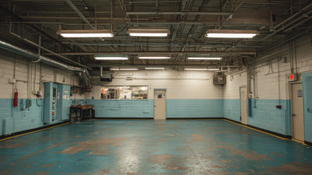 Wide interior view of a large, utilitarian room, possibly a vehicle bay or factory floor, characterized by a rough blue-painted concrete floor and white and light blue cinder block walls. The overhead area reveals an exposed industrial ceiling with extensive ductwork, conduits, and fluorescent tube lighting fixtures illuminating the space, which appears currently unoccupied except for some built-in utility panels and a small workbench area near a window looking into another section.の素材