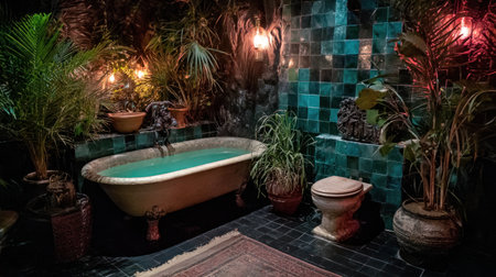 Enclosed, dimly lit bathroom featuring a freestanding, aged clawfoot bathtub partially filled with greenish water. The room is heavily decorated with various potted tropical plants creating a jungle-like atmosphere. The back wall is covered in dark, glossy, turquoise square tiles, contrasting with the dark floor and rustic wall texture. An old-fashioned toilet sits beside the tub, and warm, exposed filament bulbs provide dramatic lighting accents throughout the space.の素材