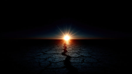 Dramatic, low-angle scene depicting a brilliant sun radiating intensely just above the horizon, casting a path of light across a severely dry and cracked earth surface that appears split by a central, deep ravine or fissure, creating a strong contrast between the bright celestial object and the encompassing darkness of the surrounding environment.の素材