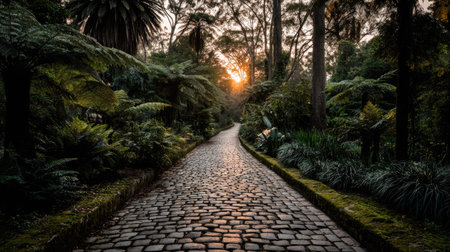 A cobblestone path leads through a dense, verdant forest during sunset.の素材