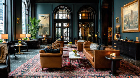 Richly decorated, high-end interior space, possibly a hotel lobby or exclusive club lounge, characterized by dark teal walls, polished dark flooring, and an elaborate oriental rug running down the center. The room is furnished with several plush, brown leather sofas and armchairs creating intimate seating groupings, illuminated by soft, warm lamp light and small candles, contrasting with the natural light filtering through tall, arched exterior windows overlooking a cityscape.の素材