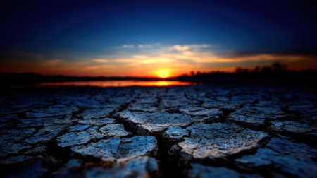 Extreme  view of sun-baked, deeply fractured soil with large, irregular cracks, suggesting severe drought conditions. The background features a low horizon line with the silhouette of distant trees against a deeply colored sky showing the final moments of sunset, creating a dramatic contrast between the warm light and the cool, dark tones of the foreground.の素材